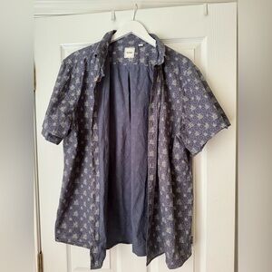 ROWM Blue Short Sleeve Button-Up Shirt with Palm Leaf Detail